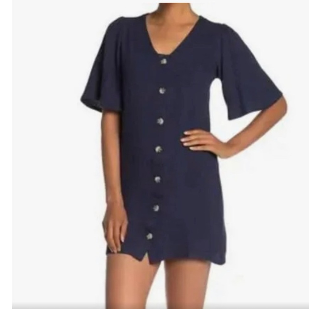 Good Luck Gem Women’s Navy Blue Button Up Dress Linen Cotton Blend Size M